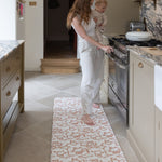 Mother holding baby whilst standing on anti-fatigue kitchen mat