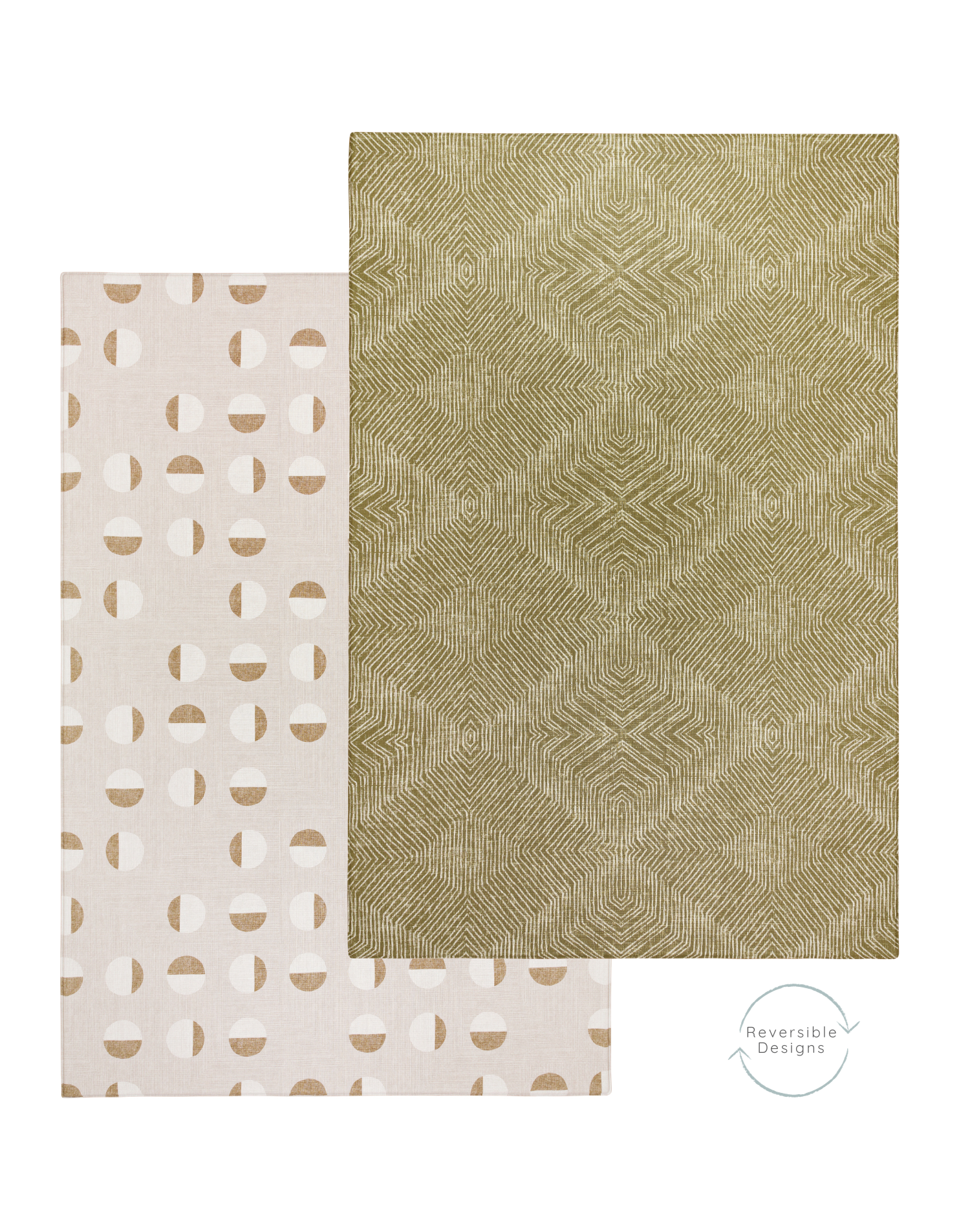 Green play mat with neutral play mat on the reverse with tactile motifs that look beautiful in the family home and simple to flip from one side to the other for a new look 