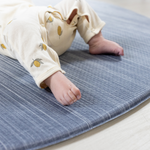 Close up of edge of playmat on Foam mats made for the whole family the navy play mat Kasuri by totter and tumble is perfect for stylish homes