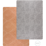 Double sided play mat by totter and tumble with grey leopard design and orange play mat design on the reverse created with a gentle textile motif so it looks like an area rug in the home practical for everyone